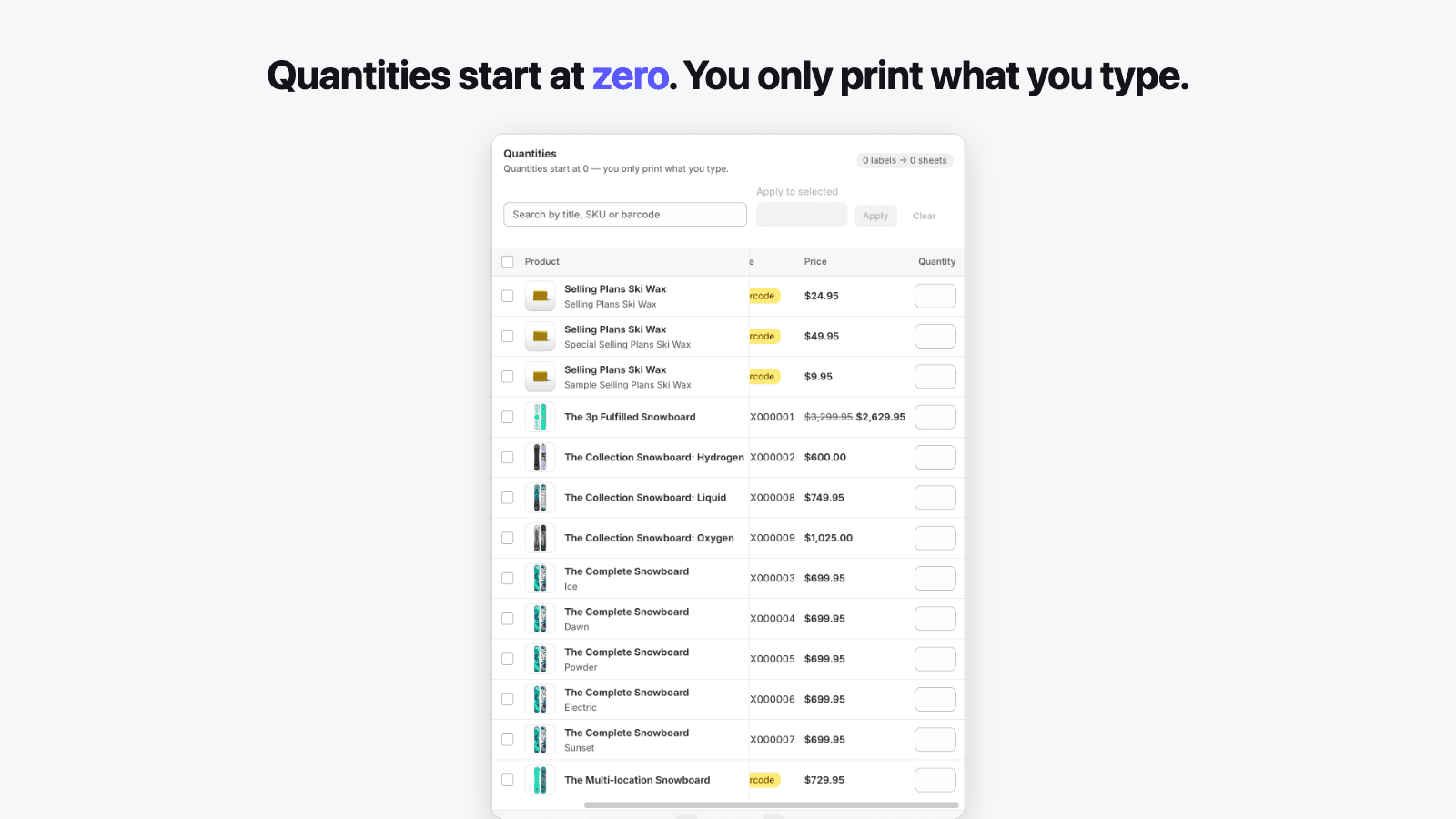 Quantity table with all products starting at zero