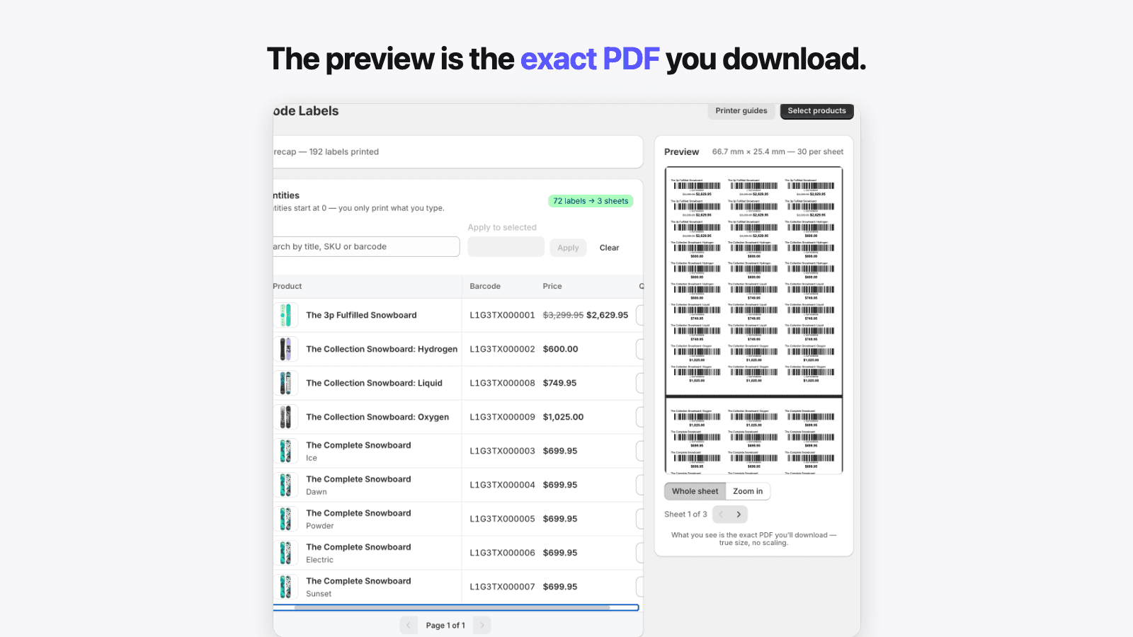 Live preview of a label sheet matching the exact PDF
