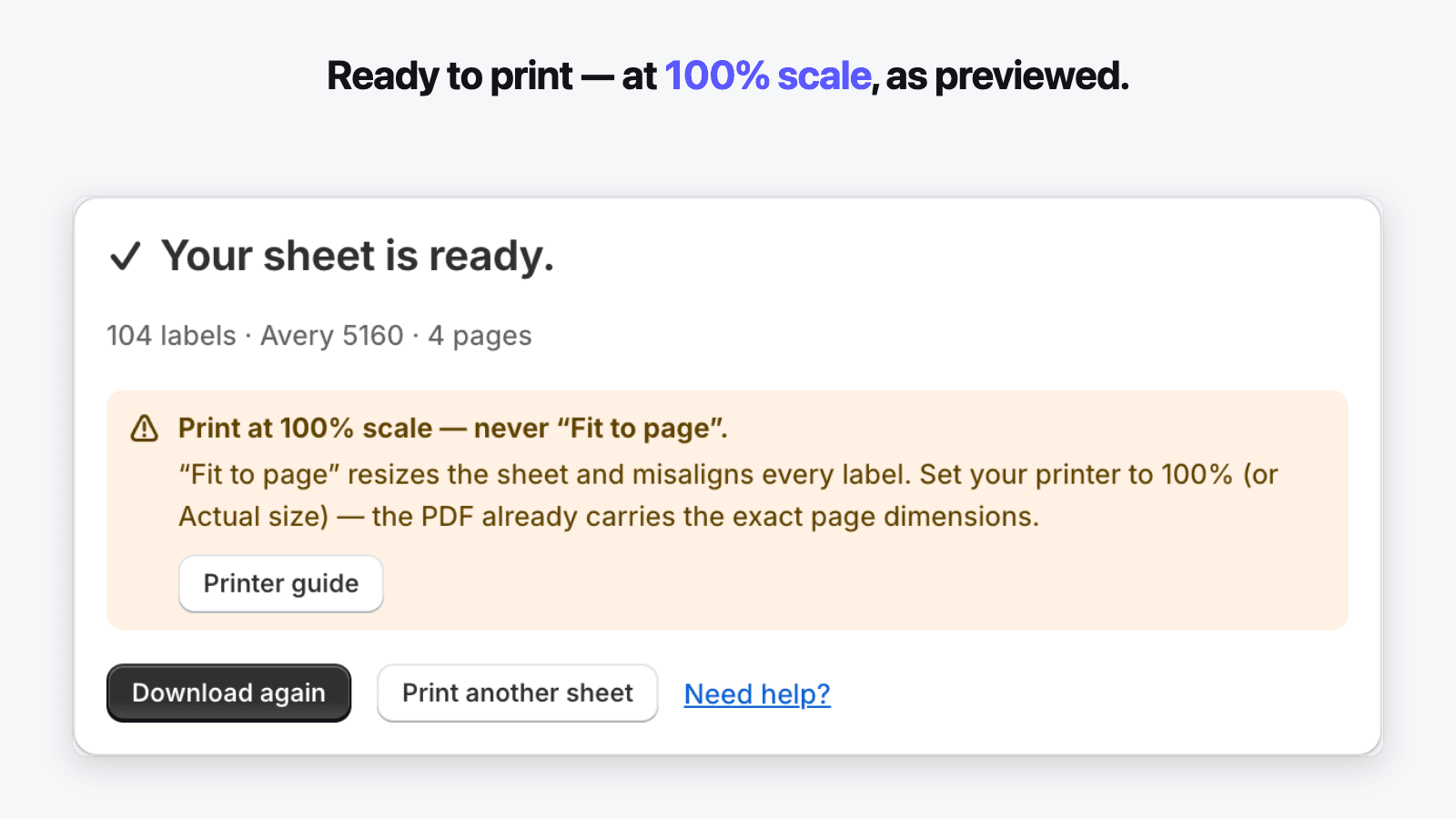 Success screen with print-at-100% guidance