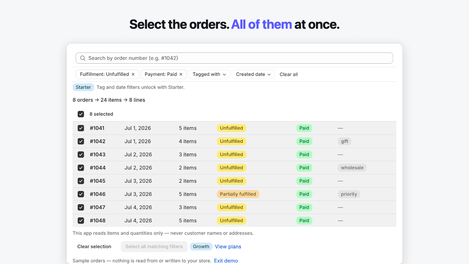 Order selection screen with batch counters and no customer data