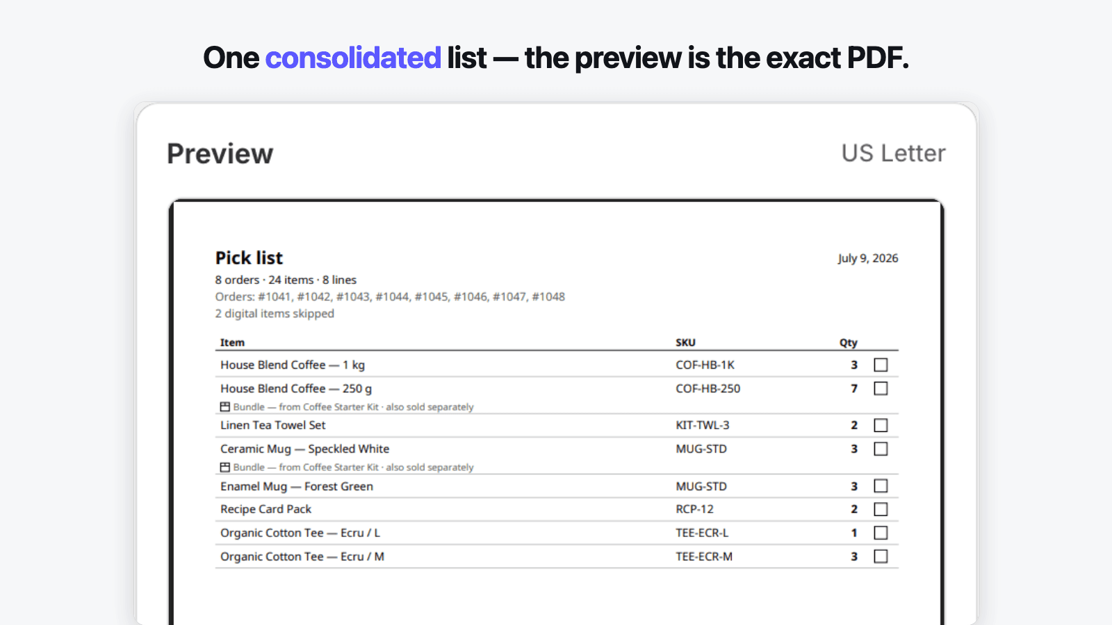 Live preview of a consolidated pick list matching the exact PDF