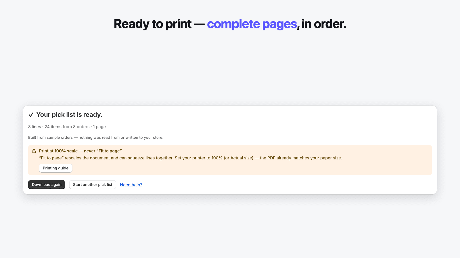 Success screen with print-at-100% guidance