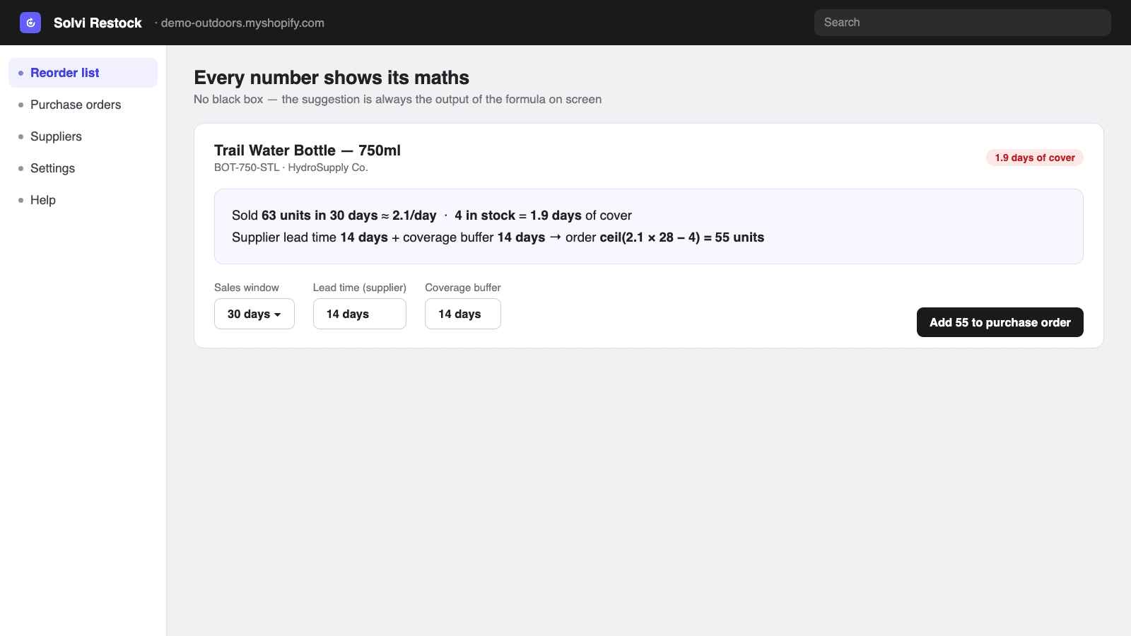A reorder suggestion showing its math in plain words with editable inputs