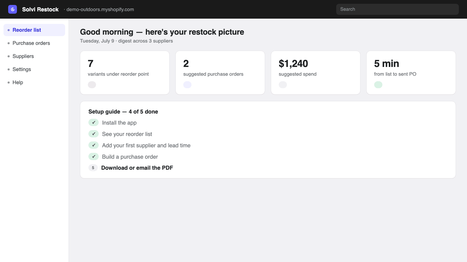 Morning digest with low-stock count and setup guide